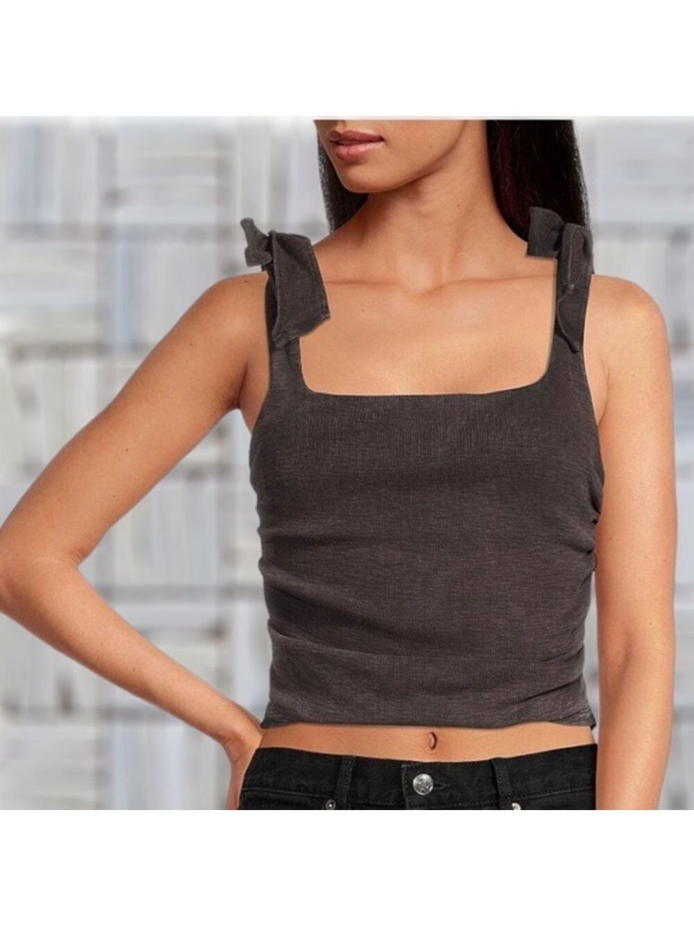 FREE PEOPLE Boulevard Tie-Strap Ruched Sides Tank Top-Black NWT/LG - Picture 3 of 11